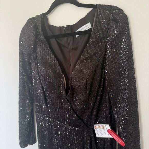NWT Ieena for Mac Duggal Black Sequin Faux Wrap Long Sleeve Ruched Gown Sz 12 - Picture 7 of 10